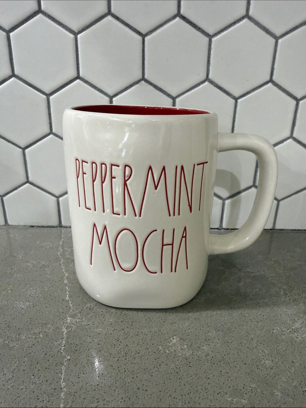 Rae Dunn peppermint mocha mug with red interior